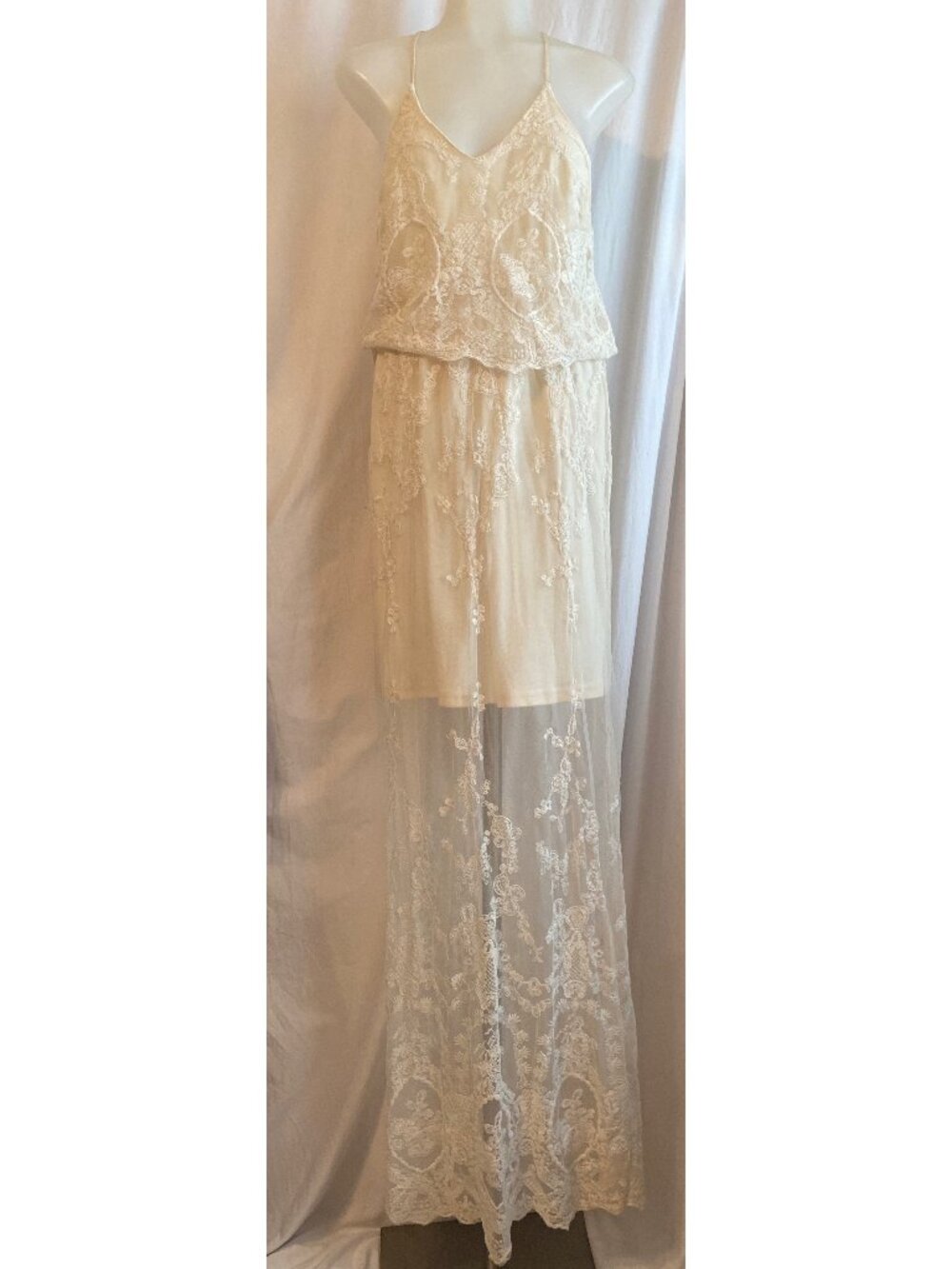 Mi Ami Ivory Lace Embroidered Maxi Dress Halter Sheer Overlay S